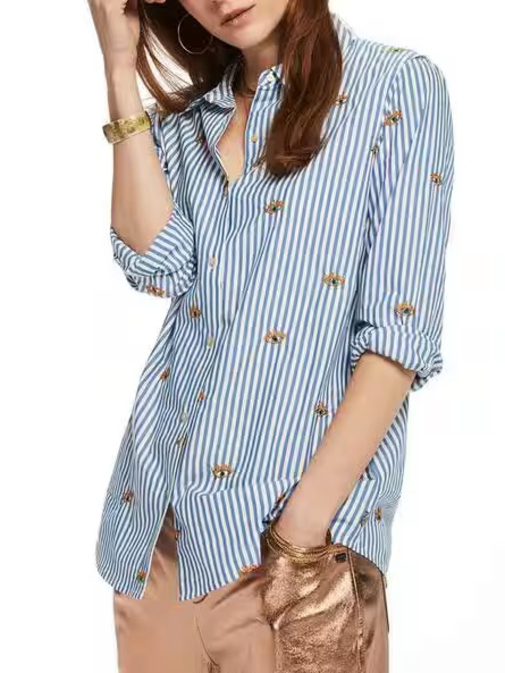 Scotch & Soda Blue and White Striped Button-Up Shirt  with eye pattern size 3